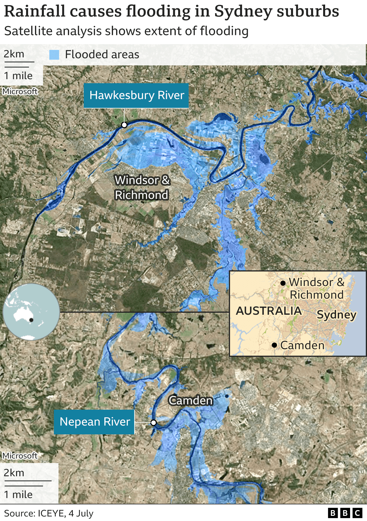 BBC graphic shows flooded areas of Sydney on a map