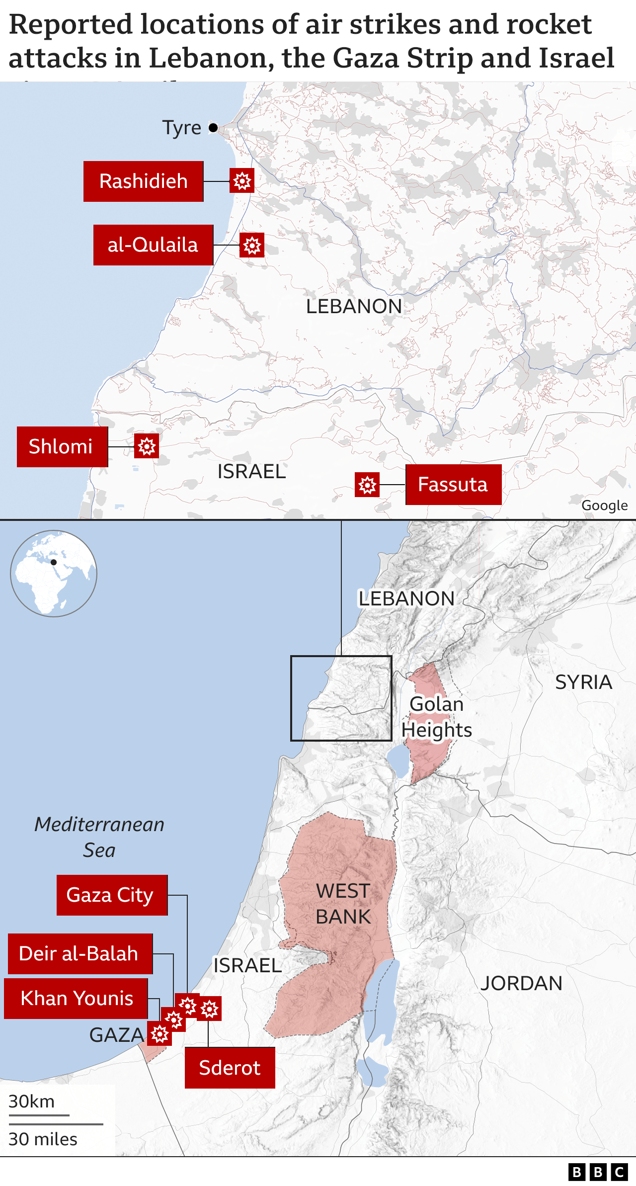 Mapa que muestra las ubicaciones informadas de ataques aéreos y ataques con cohetes en el Líbano, la Franja de Gaza e Israel (7 de abril de 2023)