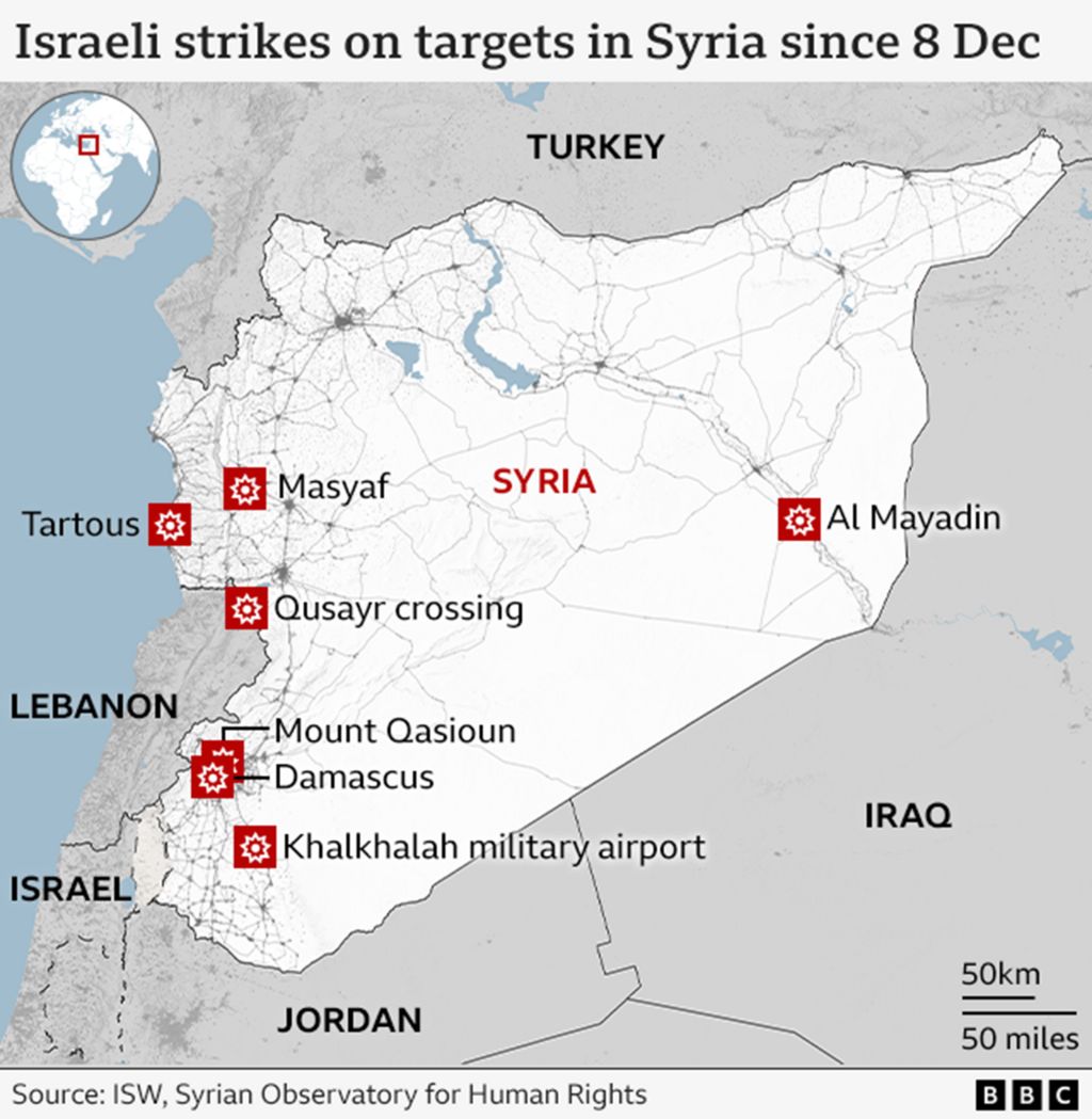 A map showing the locations of Israeli strikes on Syria since 8 December, including Tartous, Masyaf, Qusayr Corssing, Al Mayadin, Mount Qasioun, Damascus and Khalkhala airport