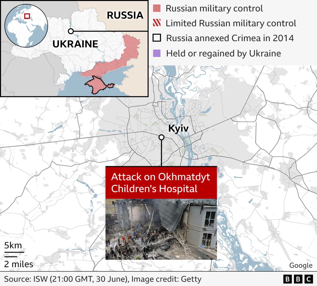 Map showing attack on Okhmatdyt children's hospital