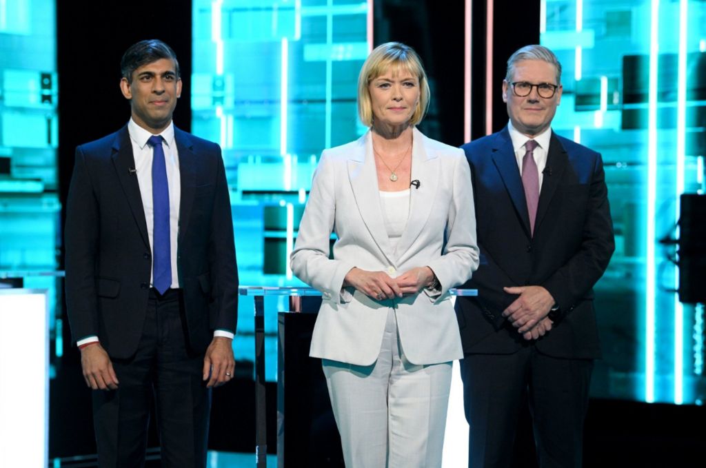 Prime Minister Rishi Sunak (left), host Julie Etchingham and Labour Party leader Sir Keir Starmer during the ITV General Election debate