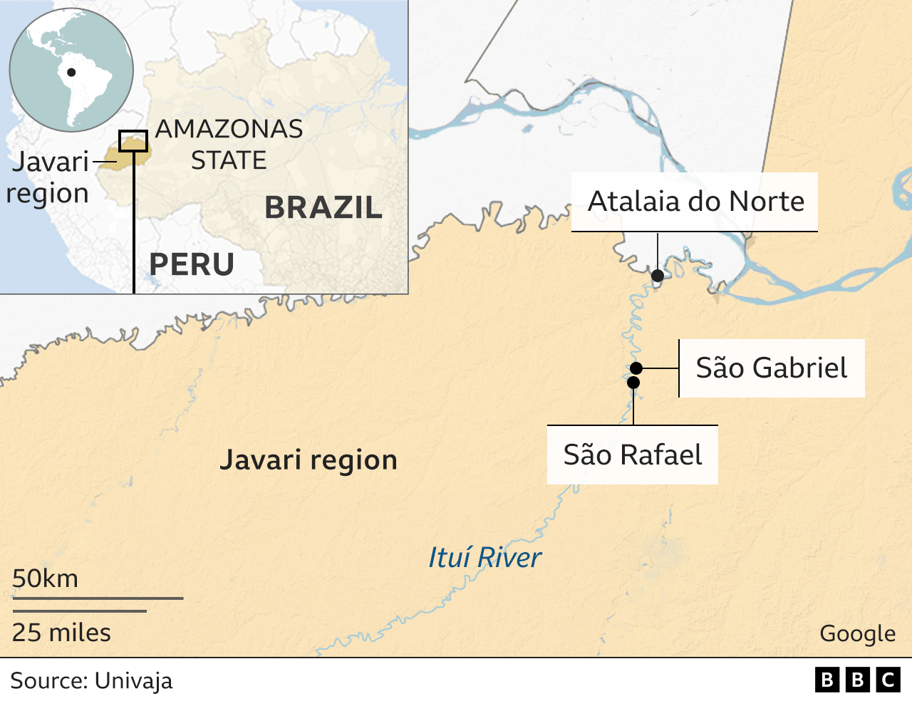 На карте показан регион Джавари в Бразилии