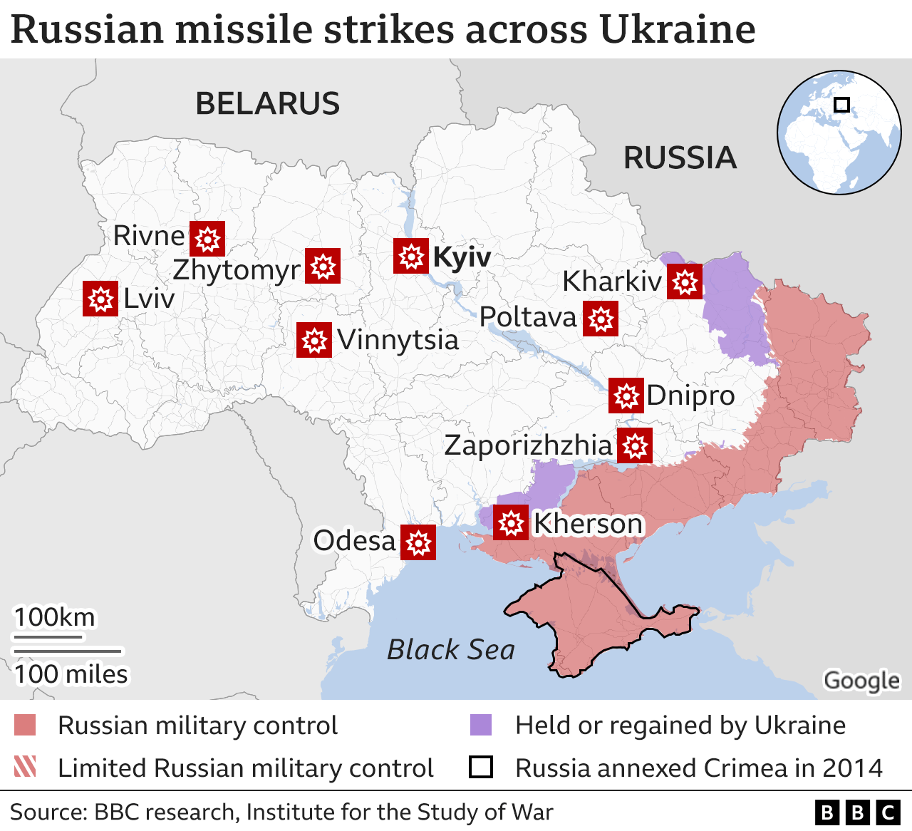 Russian showing Russian missile strikes in Ukraine. Targets including Kyiv, Kharkiv, Lviv and Odesa.