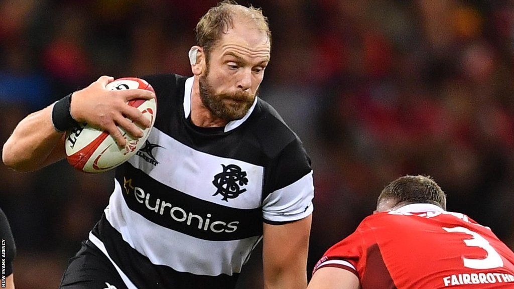 Alun Wyn Jones heads into contact for Barbarians against Wales XV prop Lloyd Fairbrother