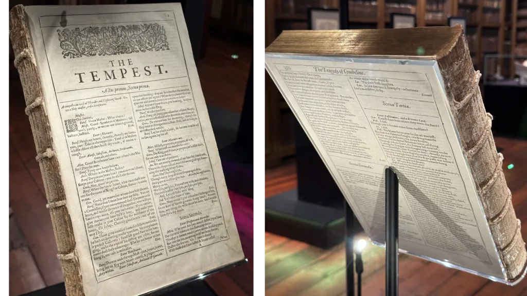 A composite of the front and back pages of the book on its display stand. The front is the opening page of The Tempest, the rear is a page of Cymbeline.