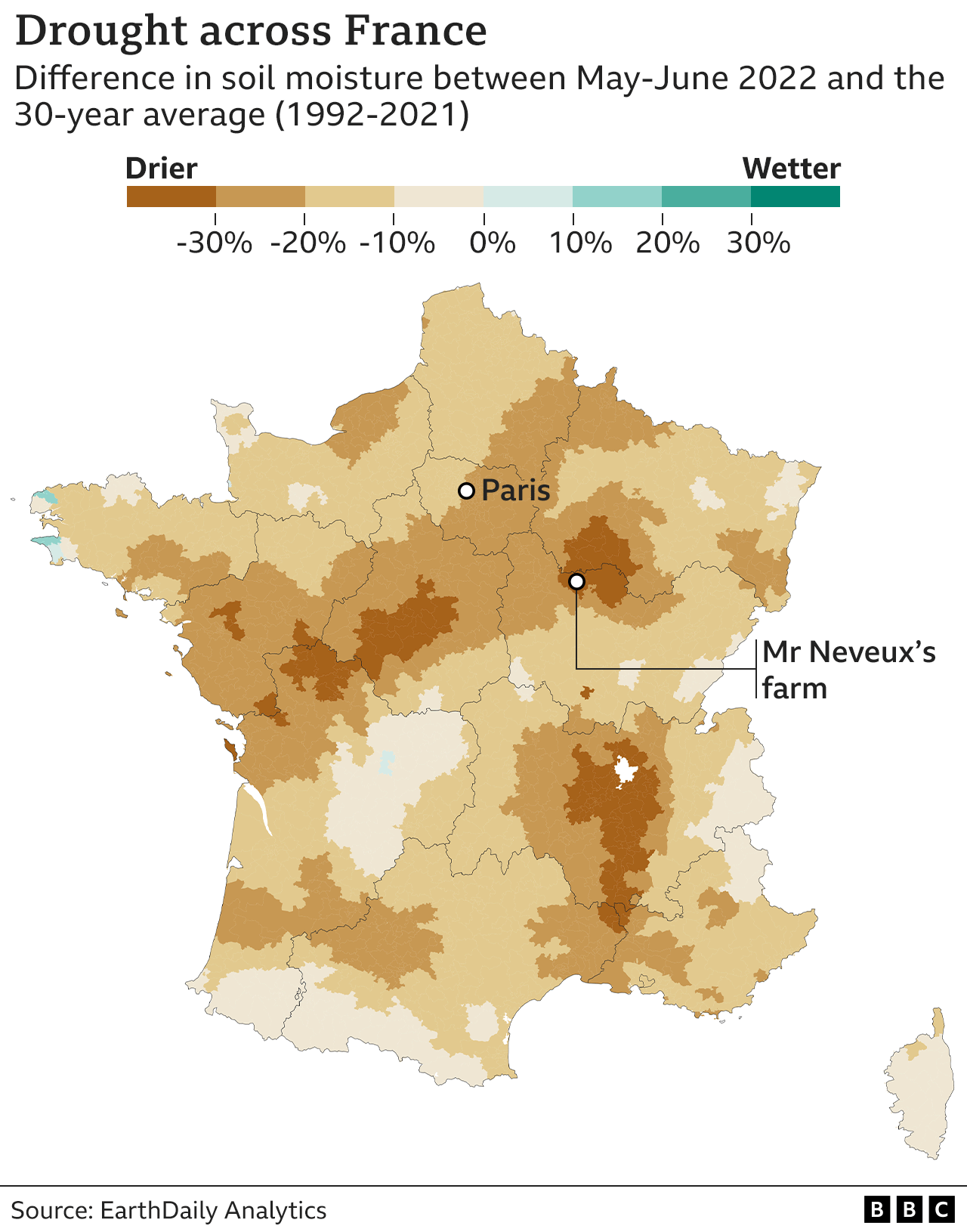 Map showing drought in France in May/June 2022