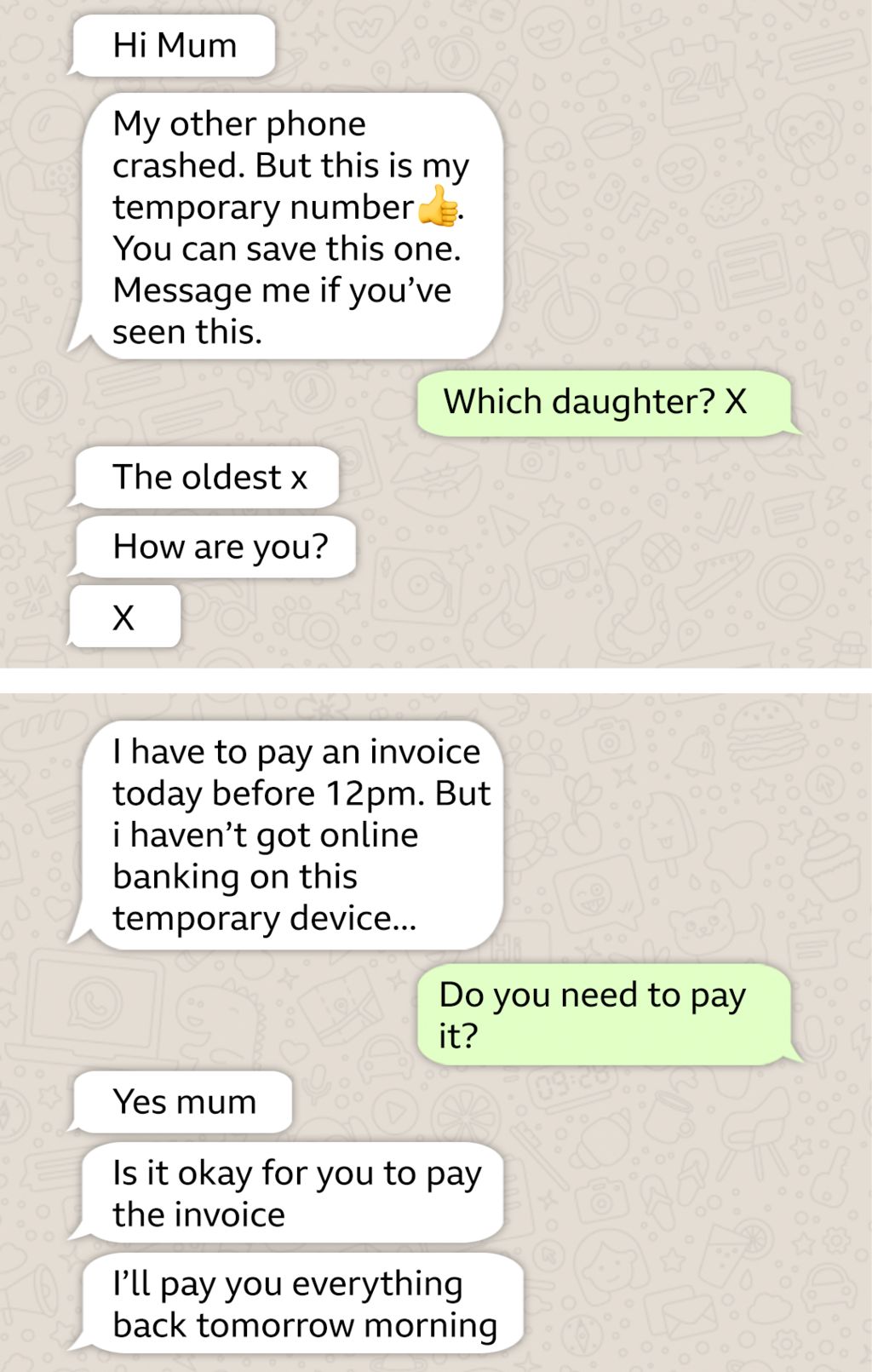 A graphic showing the WhatsApp exchange between a fraudster and Sarah Capper