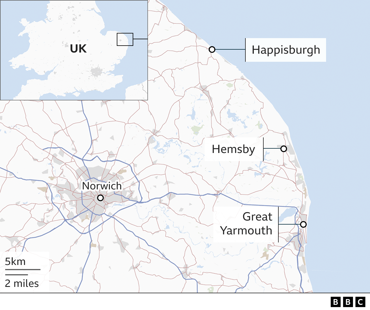 Map showing Happisburgh, Hemsby and Great Yarmouth