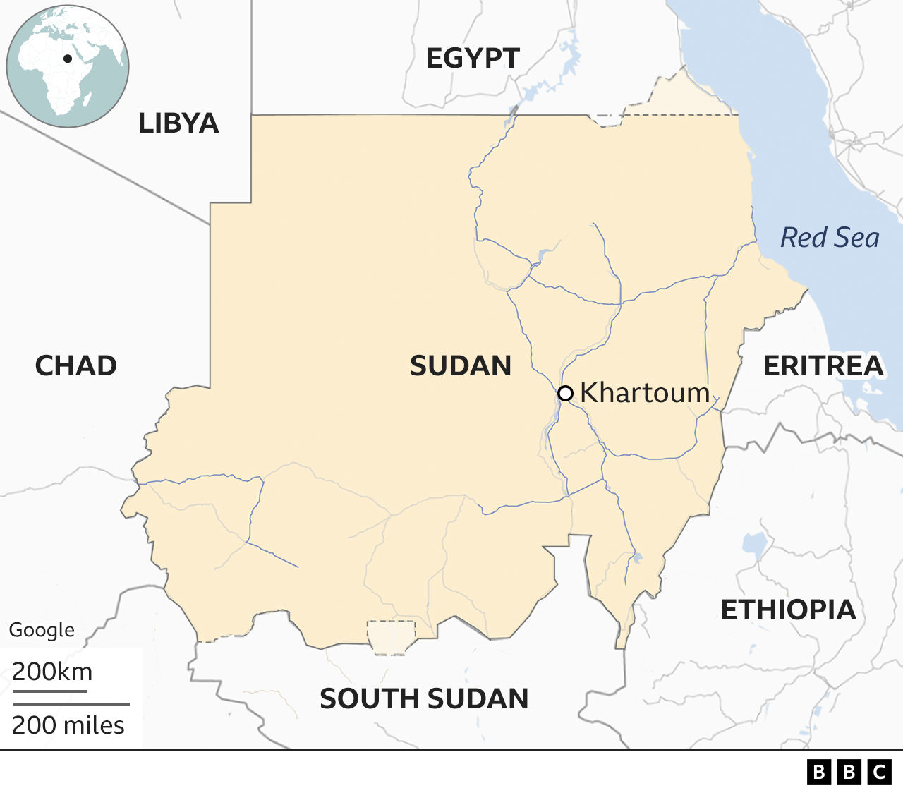 A map showing Sudan, with the capital Khartoum