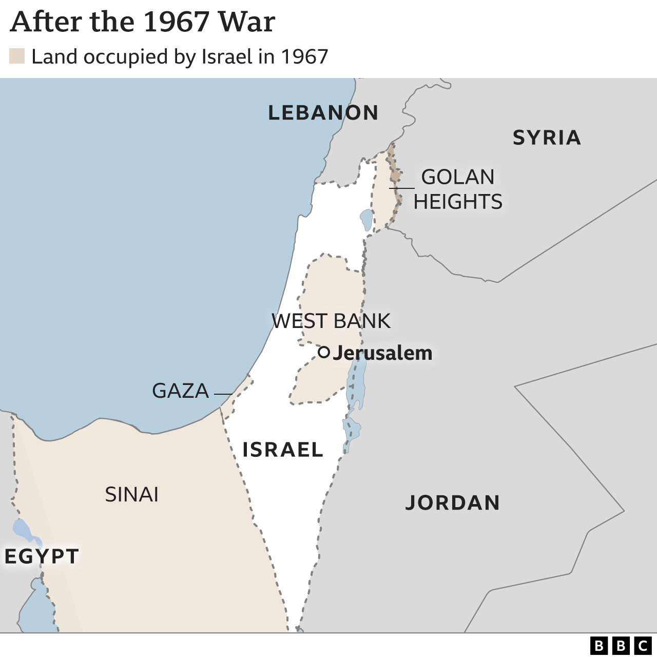 Map showing land occupied by Israel after 1967 war