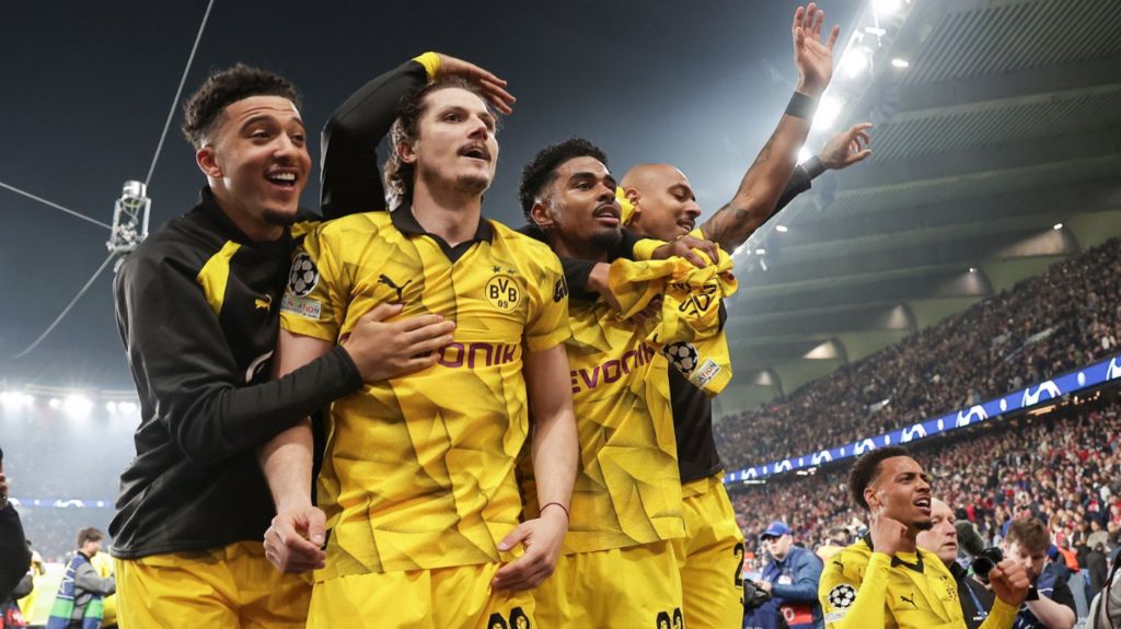 Jadon Sancho (left), Marcel Sabitzer (second left) and Ian Maatsen (third left) celebrate for Dortmund