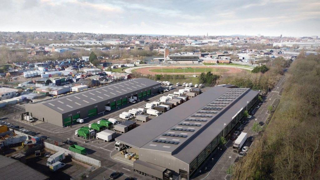 Computer generated aerial image of new warehouse premises for council fleet vehicles on a bright sunny day
