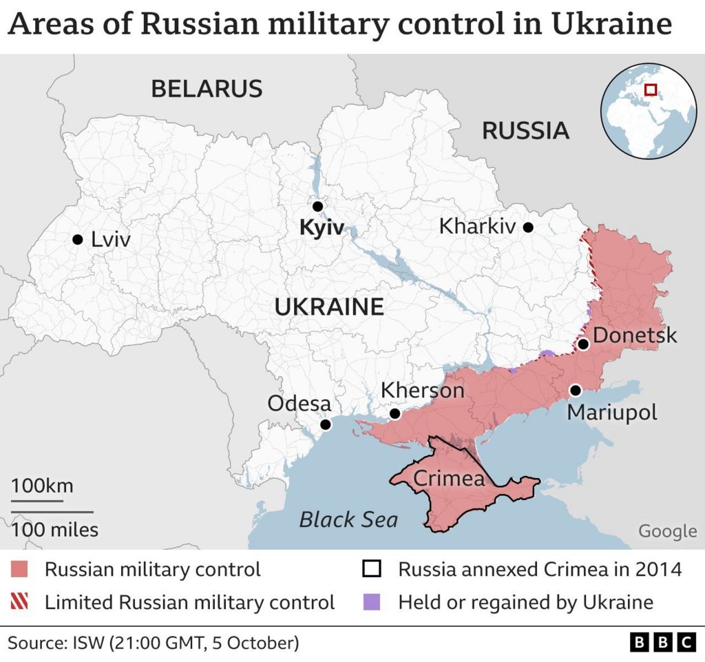 Karte der Gebiete unter russischer Militärkontrolle in der Ukraine