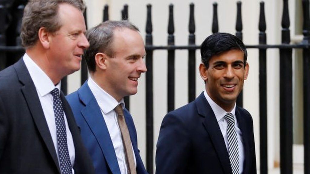 Alister Jack (L), Dominic Raab (C) and Rishi Sunak (R) get  for a Cabinet gathering  astatine  10 Downing Street connected  16 October, 2019 successful  London, England.