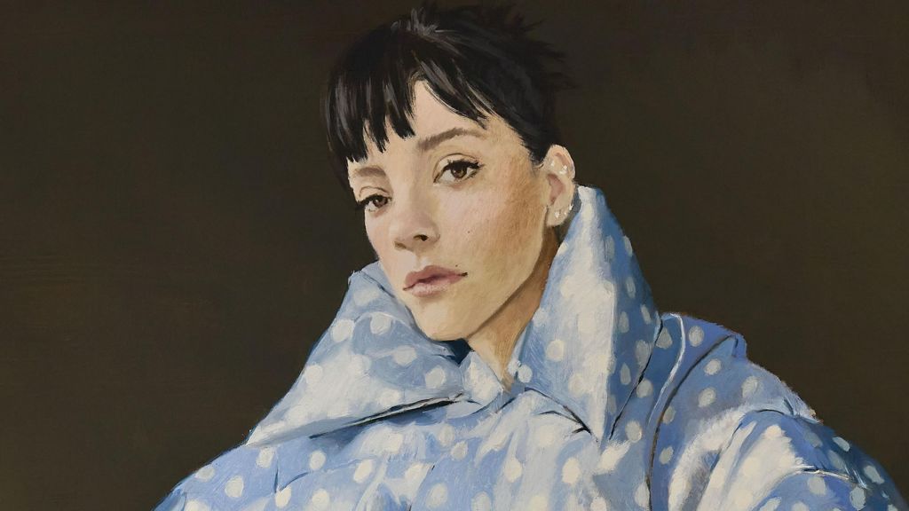 The cover artwork by Nieves Gonzalez for the new Lily Allen album, West End Girl. It shows a portrait of the singer wearing a blue and white spotted outfit