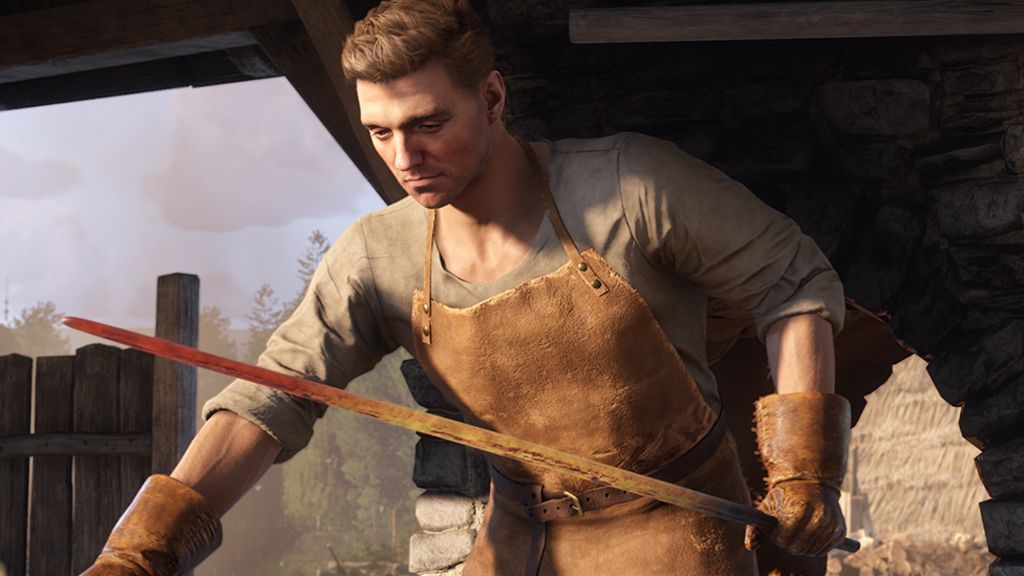 A screenshot shows a man wearing thick leather gauntlets and a leather apron holding a glowing-hot piece of long, thin metal, probably intended to become a sword blade.