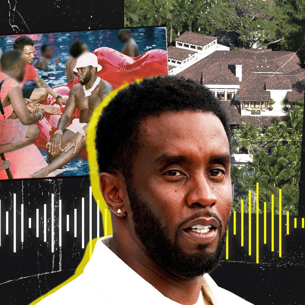 Collage featuring people in a swimming pool, a large house with a tiled roof surrounded by greenery, and Sean Combs in the foreground, overlaid with yellow and white sound wave graphics.