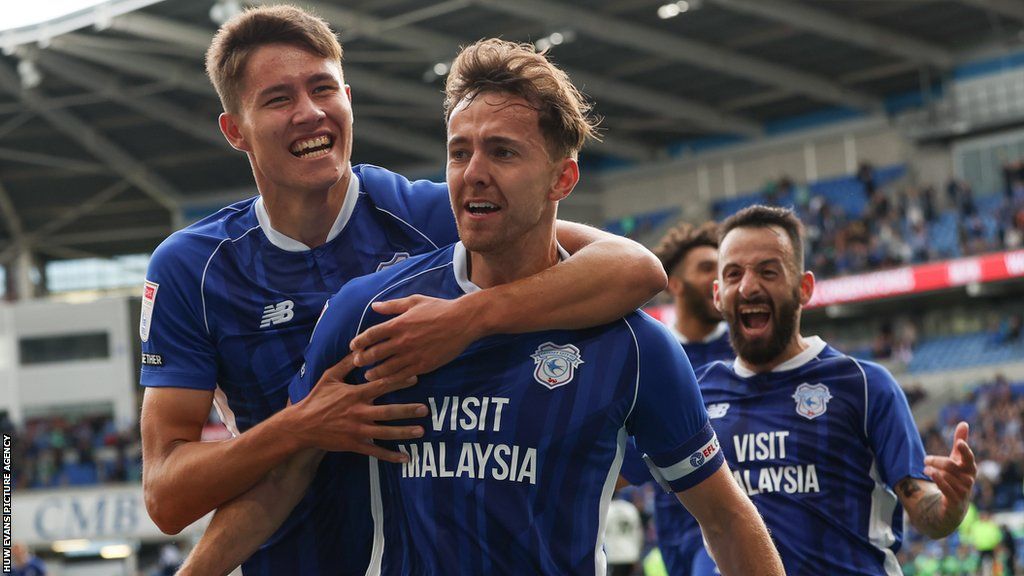 Ryan Wintle (right) celebrates his goal with Rubin Colwill