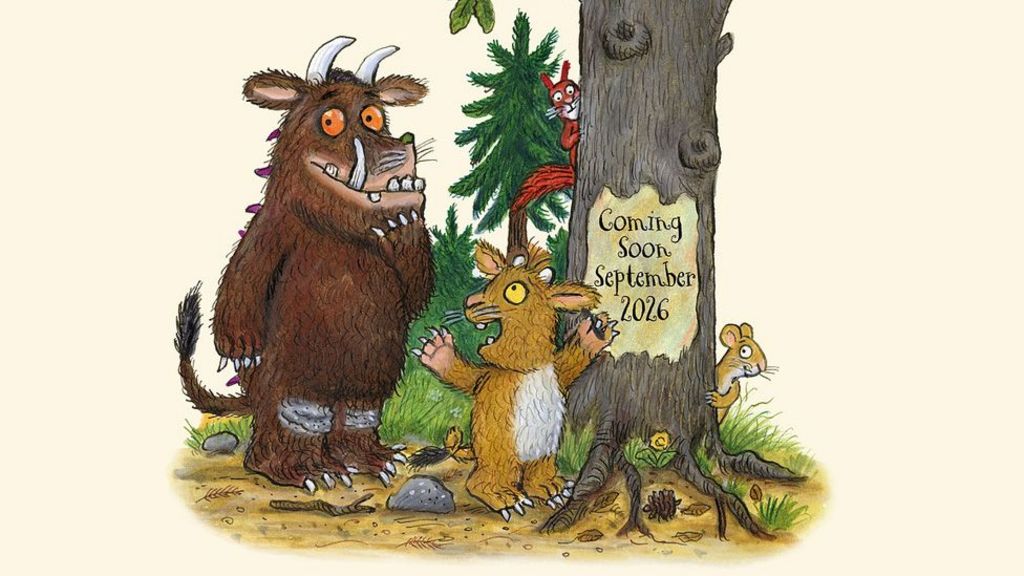 Axel Scheffler illustration of The Gruffalo and other characters, with a tree with an inscription reading "Coming soon September 2026"