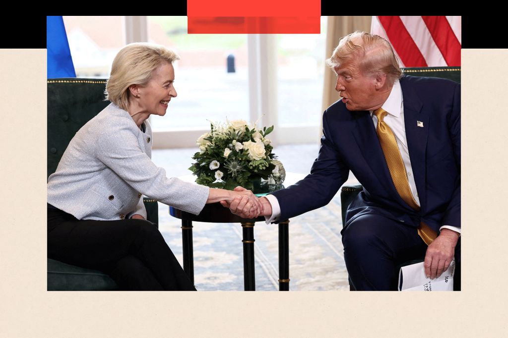 U.S. President Donald Trump shakes hands with European Commission President Ursula von der Leyen
