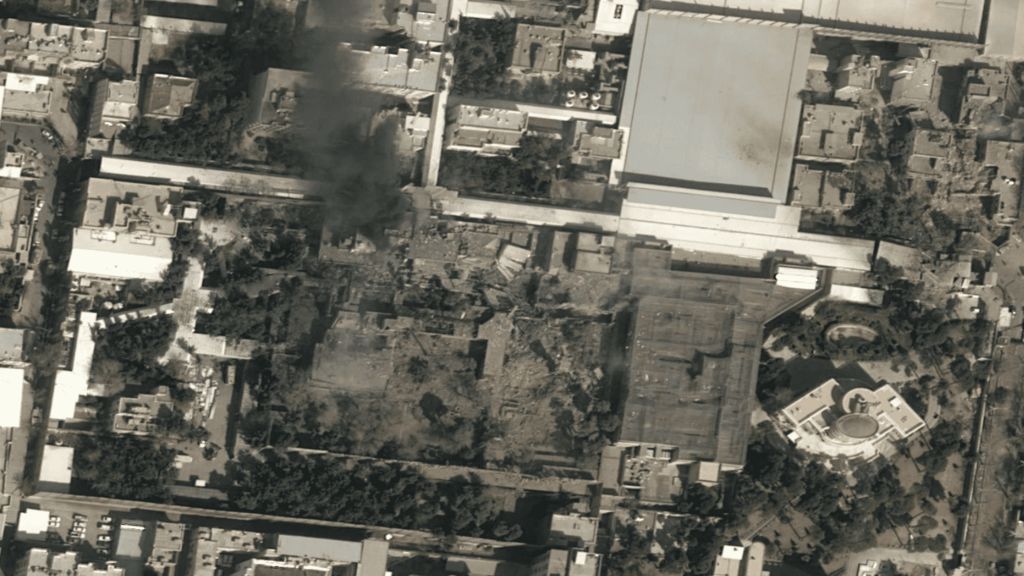 Satellite image showing smoke over the compound of Iranian Supreme Leader Ali Khamenei