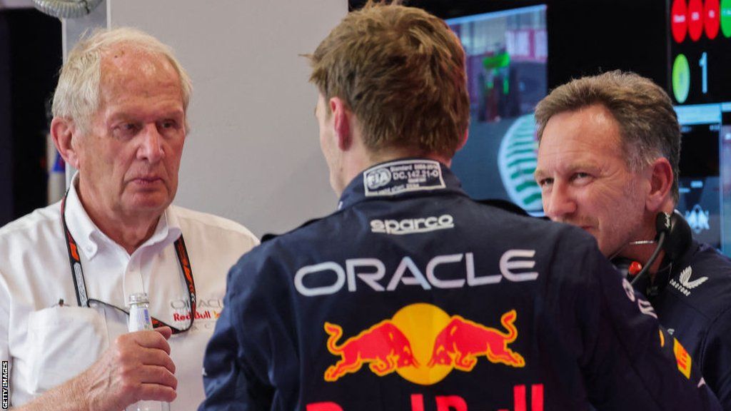 Helmut Marko speaks with Red Bull Racing team principal Christian Horner and Dutch driver Max Verstappen