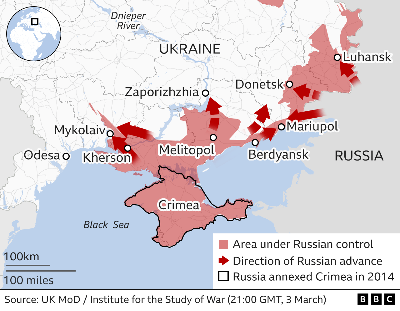 Map showing the Russian military advance into Ukraine from the south