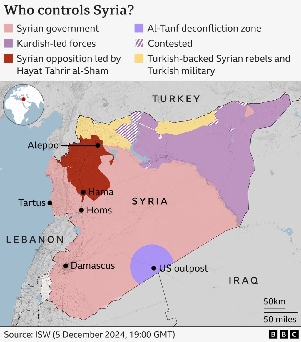 A map showing who controls various areas of Syria. The Syrian government controls the largest area, covering Damascus and the south as well as the coast and the centre of the country. The Syrian opposition forces, led by Hayat Tahrir al-Sham, now control a growing area from Idlib and Aleppo in the north down to near Homs. The northeast of the country is controlled by Kurdish-led forces and there are also areas along the northern border with Turkey that are controlled by Turkish-backed Syrian rebels and the Turkish military.
