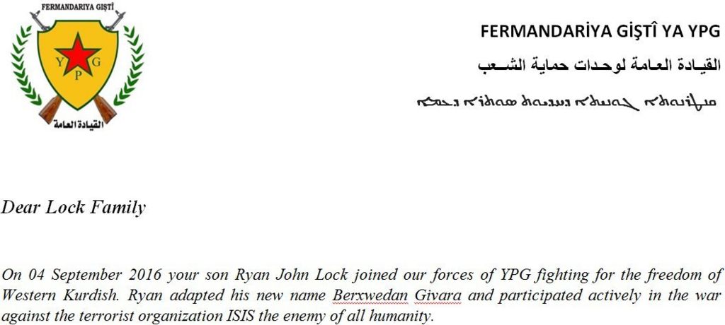YPG letter to Mr Lock's family
