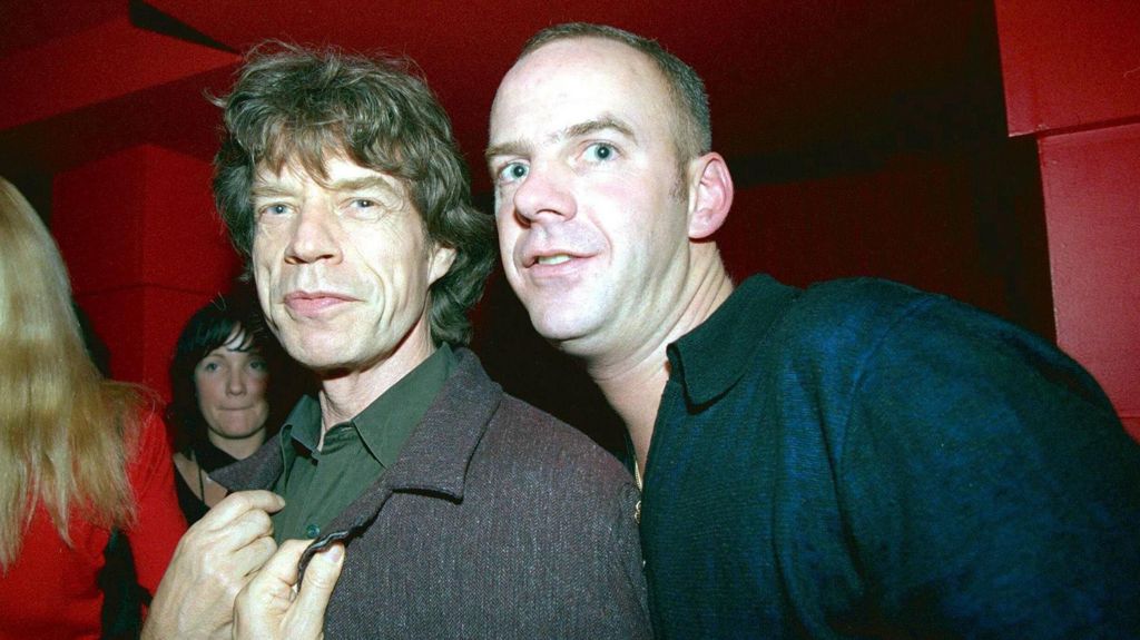 Norman Cook and Mick Jagger, pictured together at a David Bowie after-party in London, 1999