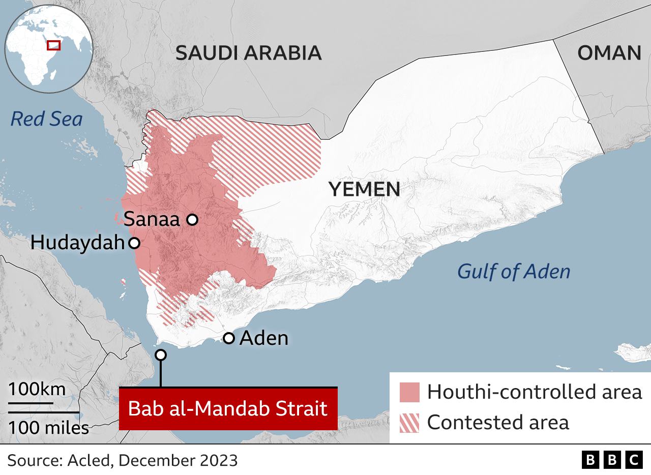 Map showing control of Yemen and the Bab al-Mandab Strait