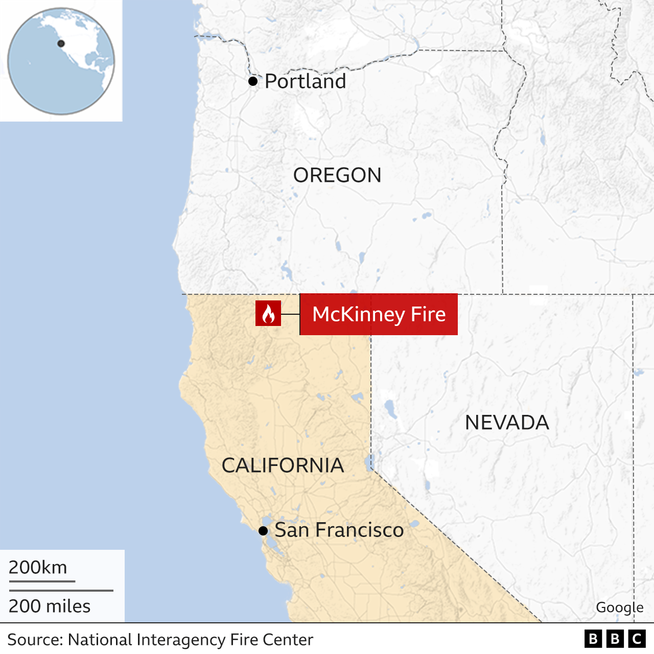 Map showing the location of the McKinney Fire in northern California.