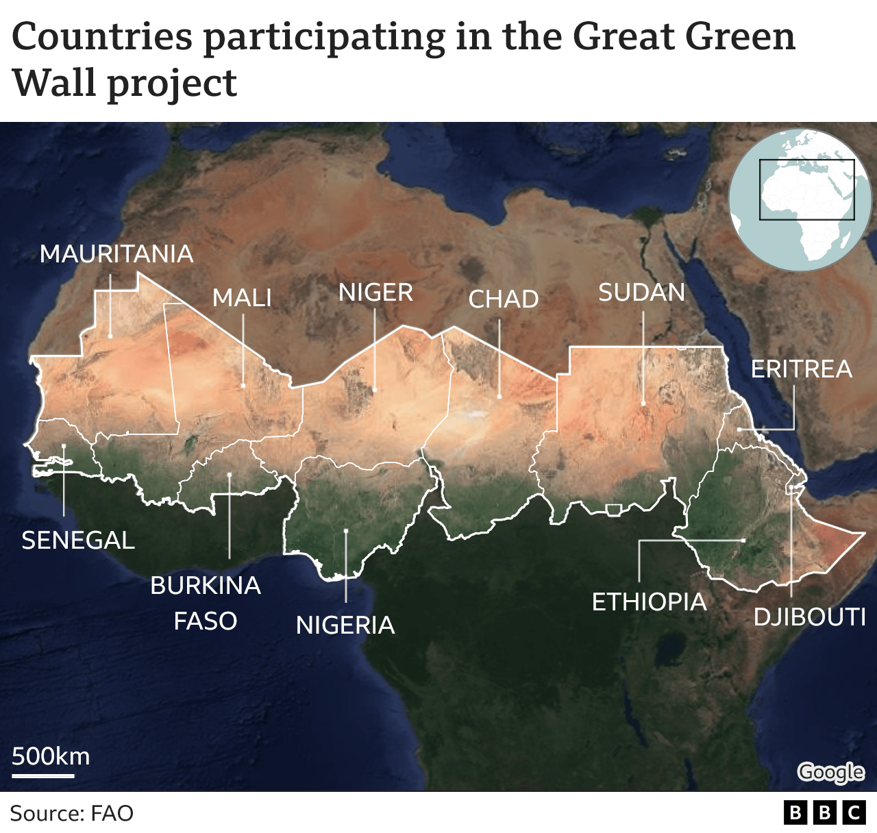 Satellite picture of Africa showing 11 countries taking part in the Great Green Wall
