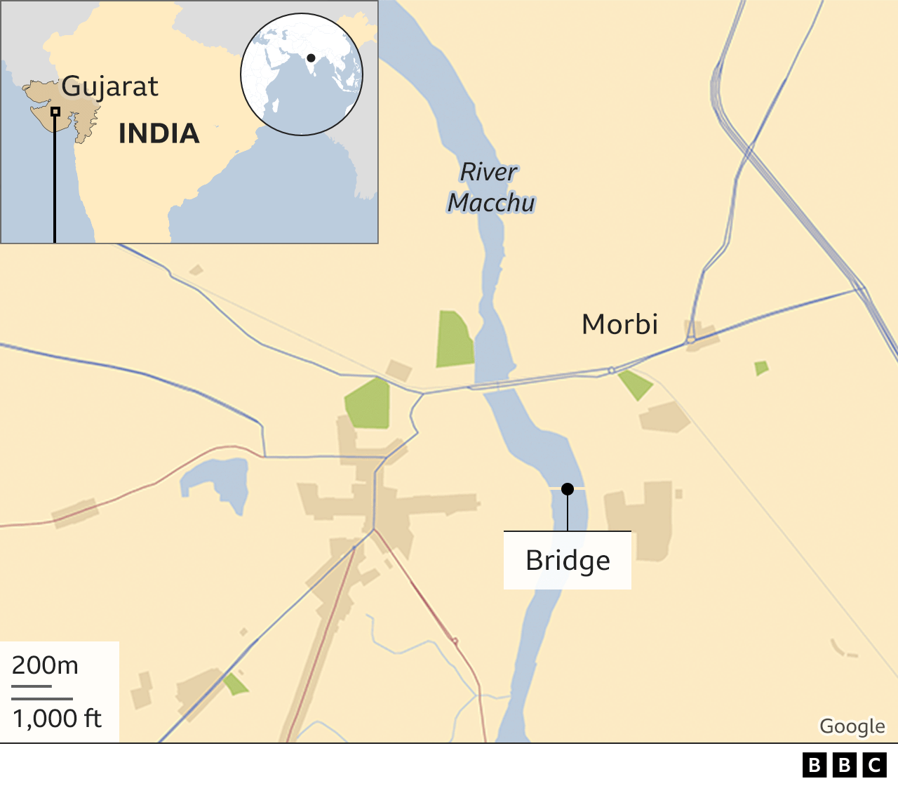 Maps shows location of the suspension bridge in Morbi town, Gujarat