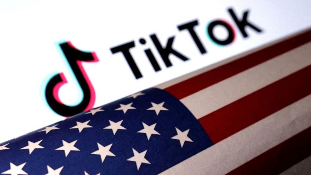 The TikTok logo hovers above a graphic of an American flag.