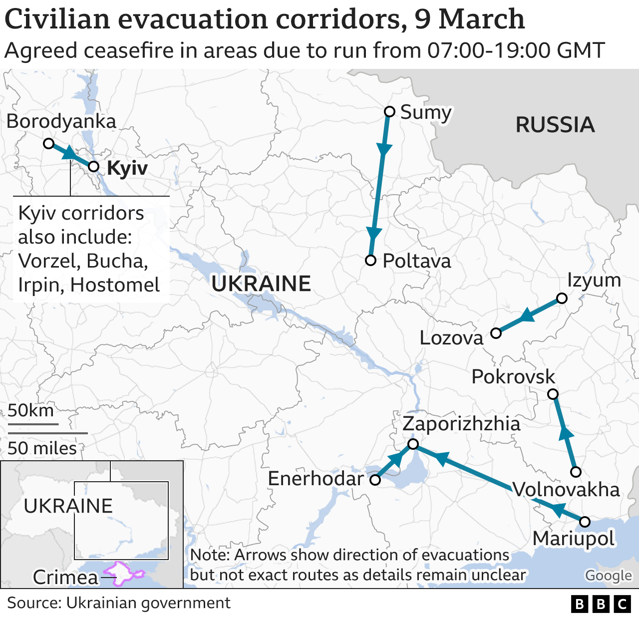 Civilian evacuations map 9 March