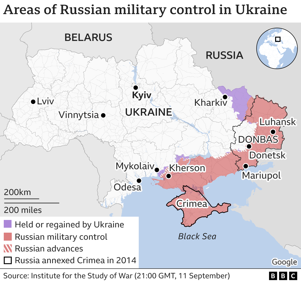 Map showing areas of Ukraine that remain under Russian military control. 12 Sept