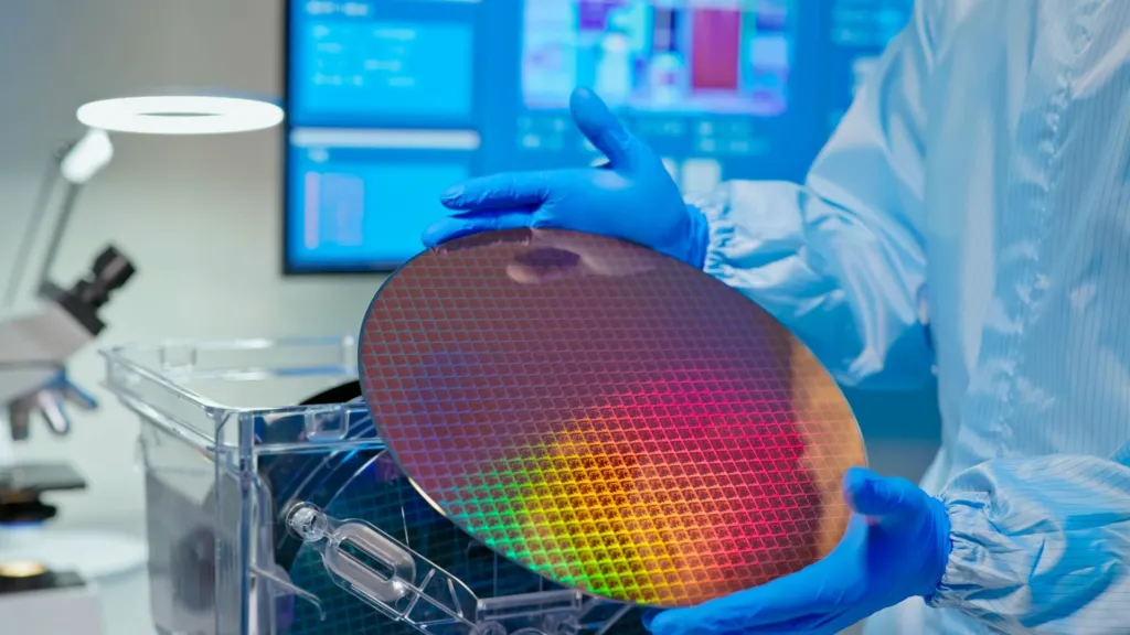 A technician holds up a silicon wafer - a round flat disc reflecting pink, red, yellow and green colours. 