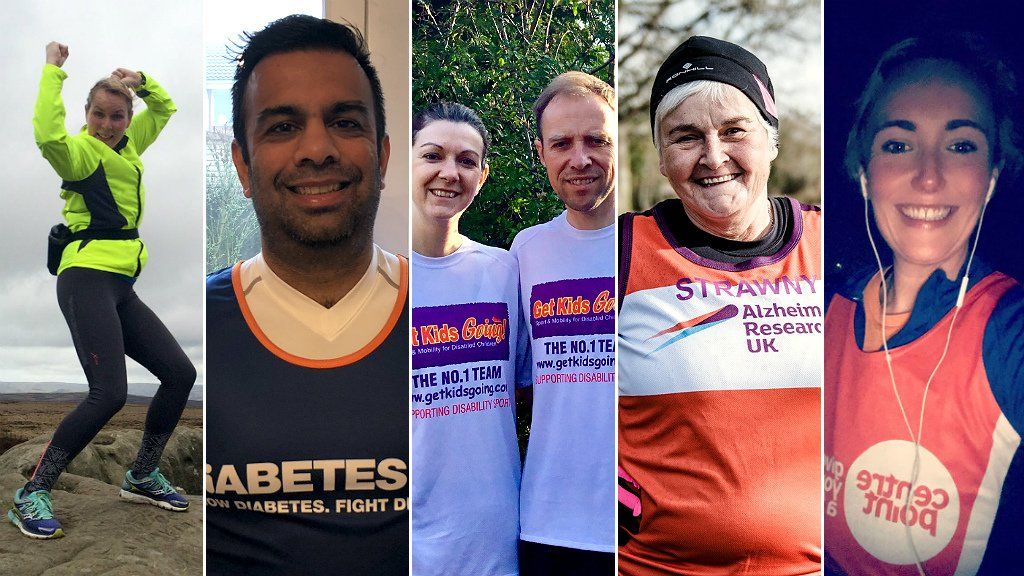 London Marathon runners (from left to right) Joanne Graham, Sandeep Chauhan, Mel Elliott and James Parker, Sue Strachan and Claire O'Hara