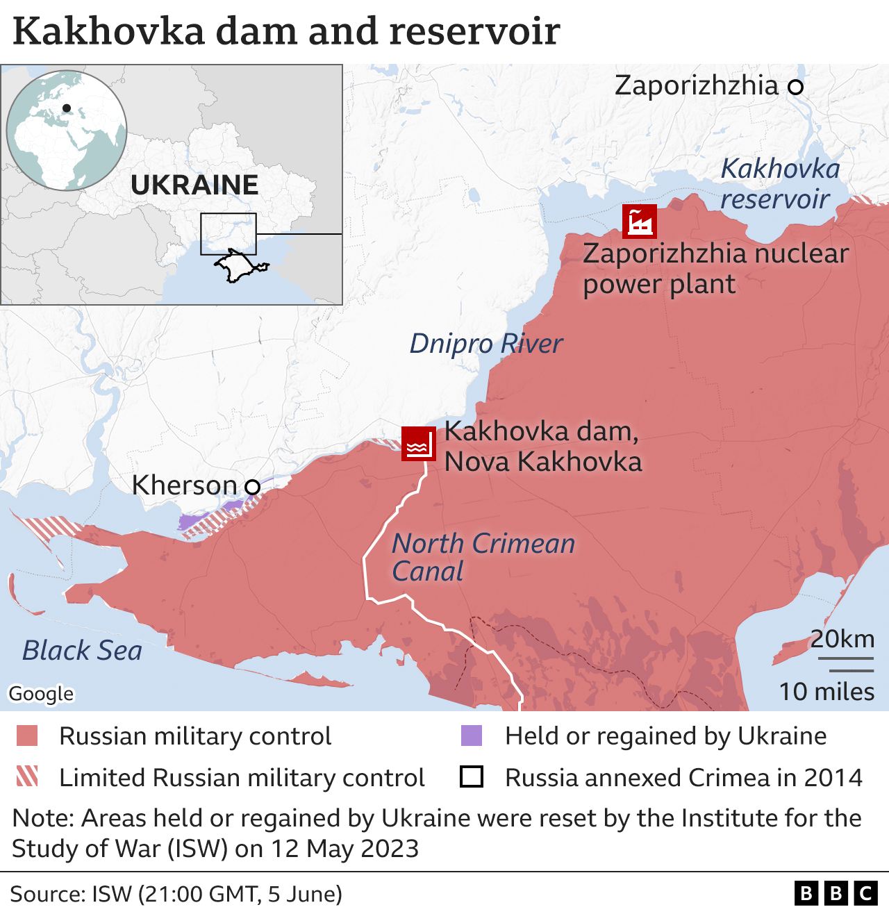 A map shows the Zaporizhzhia power plant and the Kakhovka dam in Ukraine