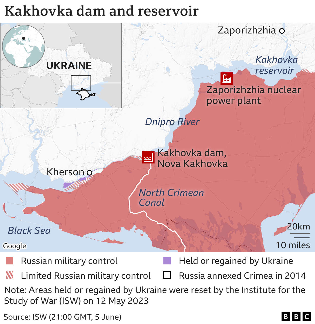 Ukraine dam: Thousands flee floods after dam collapse near Nova Kakhovka A map shows the Zaporizhzhia power plant and the Kakhovka dam in Ukraine