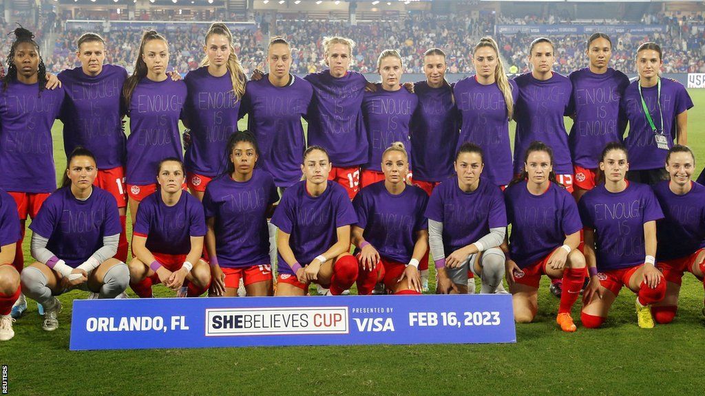 Canada women wearing protest t-shirts at the SheBelieves Cup