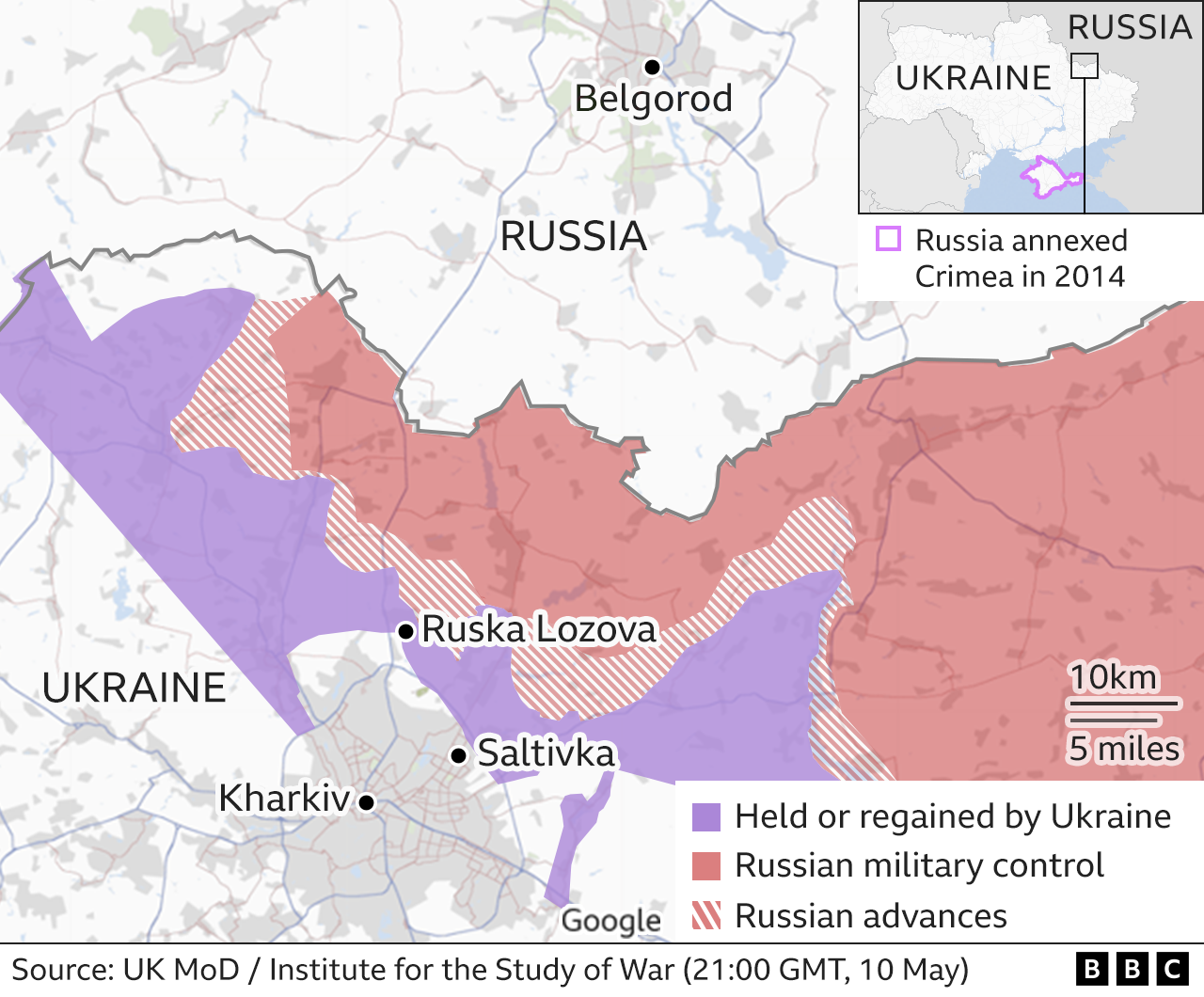 Map of the area around Kharkiv and Belgorod along the Ukrainian/Russian border