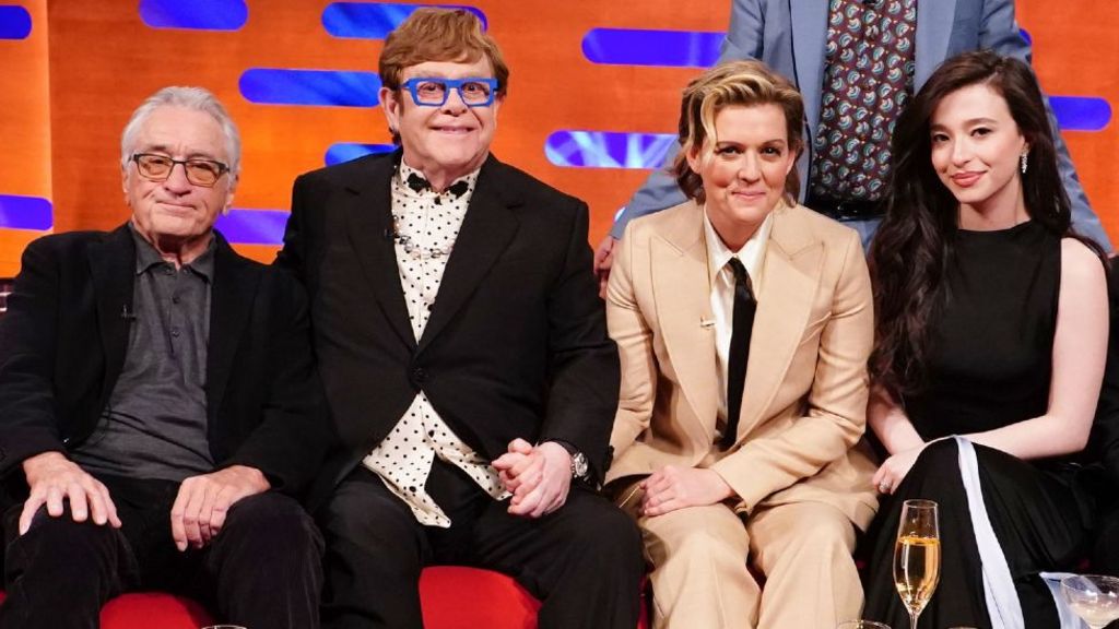 Robert De Niro, Sir Elton John, Brandi Carlile, Graham Norton, Mikey Madison and Alan Carr during filming for the Graham Norton Show