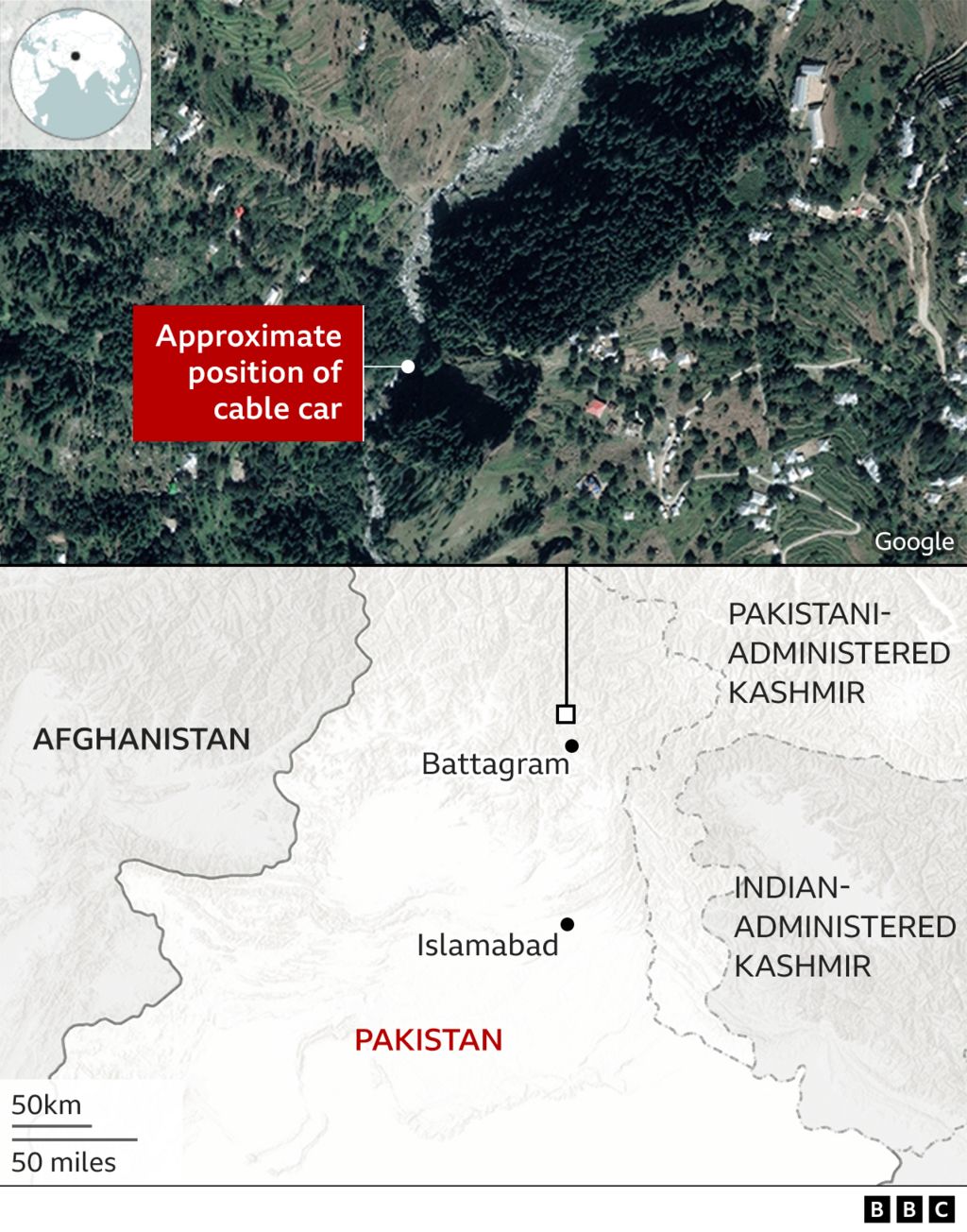 Map of surrounding area of where cable car is stuck in Pakistan