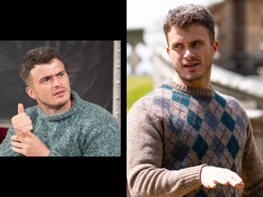 Two photos of Matthew wearing knitwear