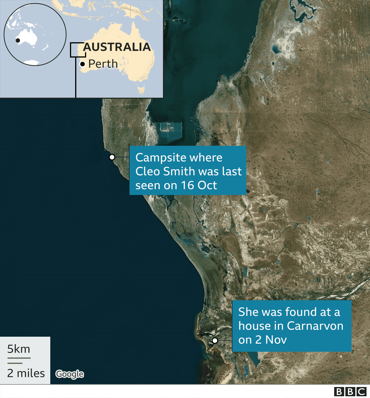 Map showing where Cleo Smith was last seen and where she was found