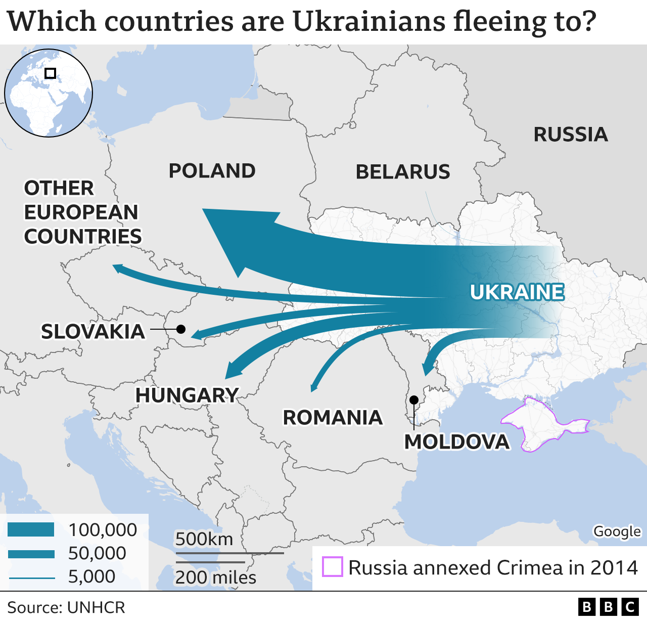Map showing which countries Ukrainian refugees are fleeing to