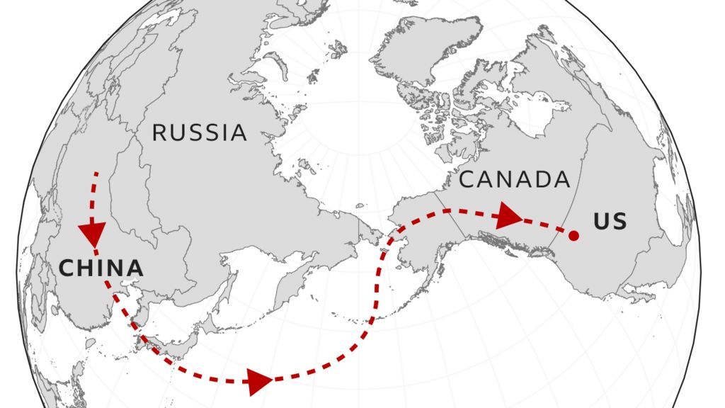 Map showing possible route of balloon from China to US