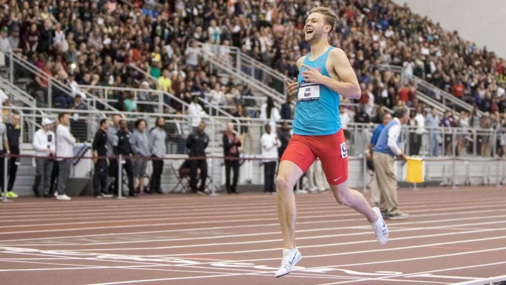 Josh Kerr of New Mexico after his win in the 1 Mile Run during the Division I Men's and Women's Indoor Track & Field Championship held at the Gilliam Indoor Track Stadium on the Texas A&M University campus on March 11, 2017 in College Station, Texas.